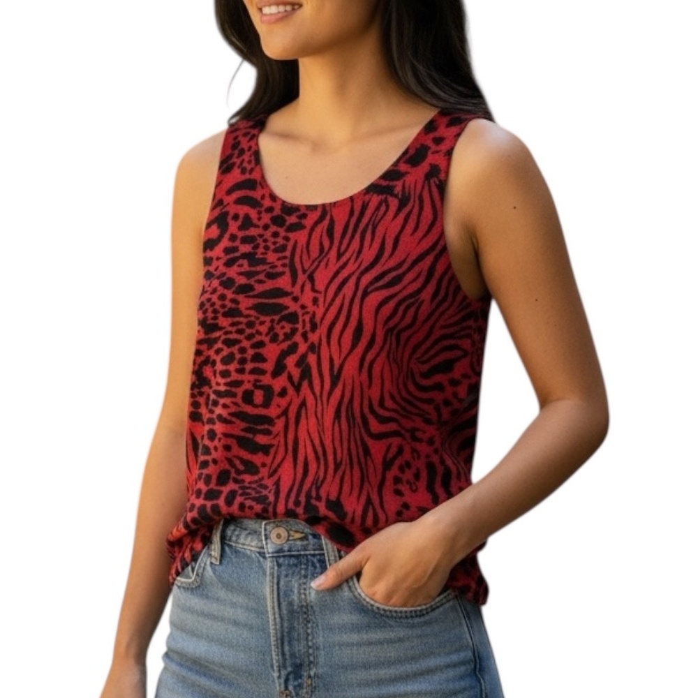 Tahari Red Mixed Animal Print Tank Top Size 8 Zebra Cheetah Snake Leopard